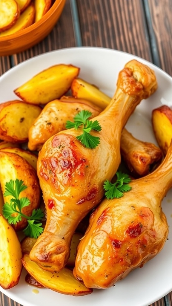 Oven-baked chicken drumsticks with roasted potato wedges, garnished with parsley on a rustic table.